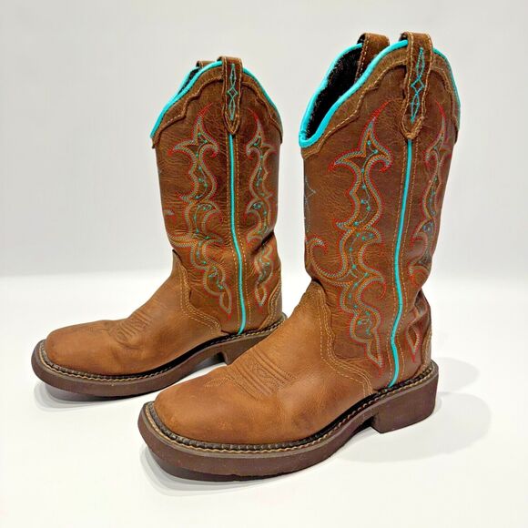 Justin Gypsy Raya L2900 12” Brown Turquoise Leather Western Boots Women’s 6.5B - Picture 1 of 15